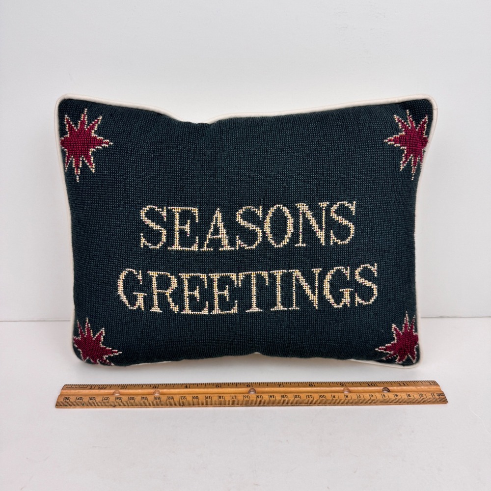 Vtg needlepoint seasons greetings holiday throw pillow Christmas small rectangle